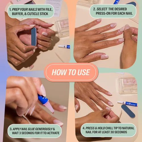 Miniatura 4 de Chillhouse - Kit de uñas a presión con punta francesa Chill Tips, Bougie Barre (almendra) - 30 formas y tamaños de uñas - 2 semanas de uso - Ajuste