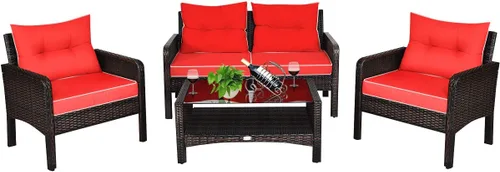 Miniatura 8 de COSTWAY Juego de muebles de patio de 4 piezas, sofá modular de mimbre con cojín, sofá biplaza, mesa de centro con vidrio templado y estante