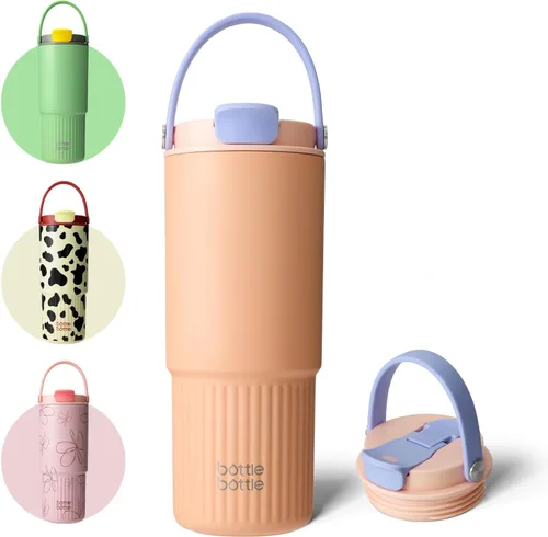 Miniatura 10 de BOTTLE BOTTLE Botella de agua aislada con popote y asa, botellas de agua de acero inoxidable para automóvil, deportes, hogar, oficina y escuela, 26