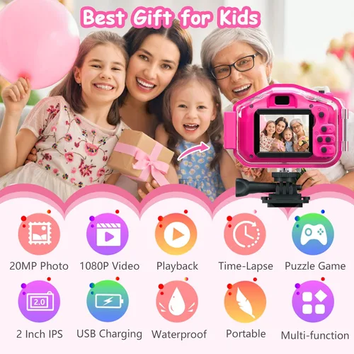 Miniatura 2 de Agoigo Cámara impermeable para niños – Videocámara digital de video HD subacuática para niños, juguete de viaje portátil para niños pequeños – Rosa