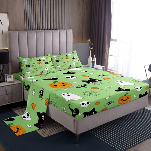 Miniatura 28 de Erosebridal Juego de sábanas de Halloween con diseño de fantasmas de dibujos animados, decoraciones de calabaza de Halloween, juego de sábanas