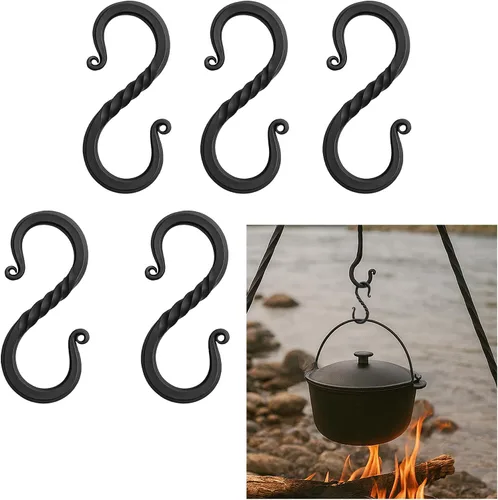 Miniatura 14 de Lord of Battles Juego de ganchos en forma de S de hierro vikingo soporte de cocina colgante accesorio de camping forjado a mano acabado negro