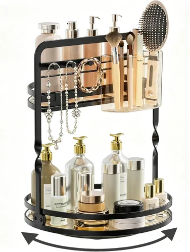 Organizador de maquillaje giratorio 360, organizador de perfume negro de 2 niveles para tocador, organizador de mostrador de baño, bandeja giratoria