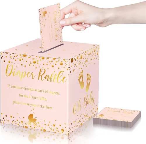 Miniatura 17 de Funrous 51 boletos para rifa de pañales con caja para invitaciones de juegos de baby shower, tarjeta de rifa de pañales para revelación de género