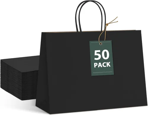 Miniatura 17 de GSSUSA Paquete de 200 bolsas de regalo de papel negro de 5.25 x 3.75 x 8 pulgadas, bolsas de papel kraft negras con asas a granel para compras