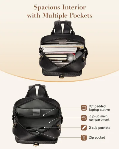 Miniatura 4 de Missnine Mochila de cuero para mujer, mochila antirrobo, bolsa de hombro convertible con cremalleras seguras para viajes y trabajo, Negro -, Vintage