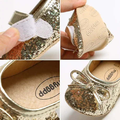 Miniatura 108 de RVROVIC Mocasines de princesa para bebé, zapatos brillantes de Mary Jane, zapatos de cuna de suela suave y ligera de primera calidad, zapatos