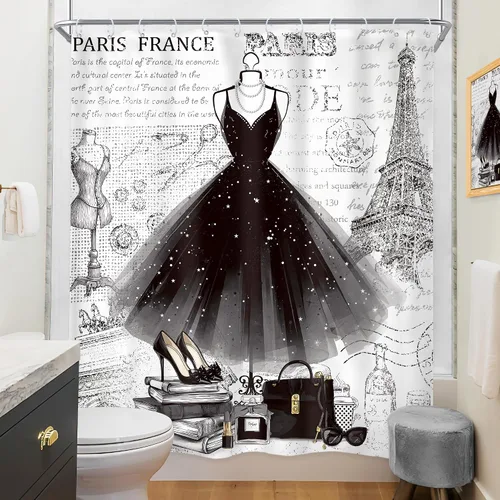 Miniatura 4 de Riyidecor Cortina de ducha negra de moda de 60 pulgadas de ancho x 72 pulgadas de alto, vestido femenino blanco y negro, torre Eiffel, perfume