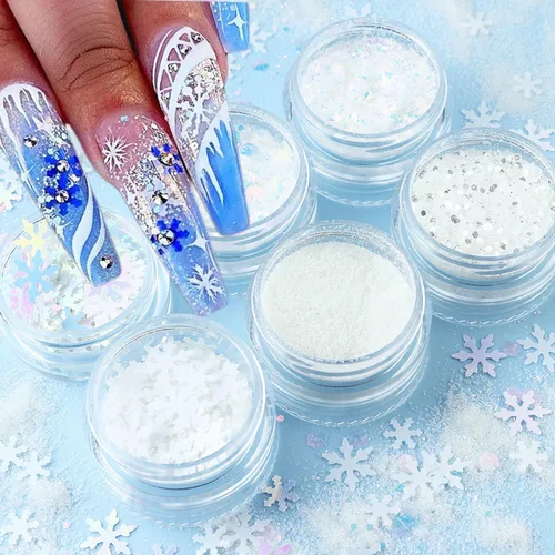 Polvo blanco con purpurina para uñas, copos de nieve, lentejuelas para uñas, 6 frascos, copos de nieve de invierno, kit de polvo para decoración de