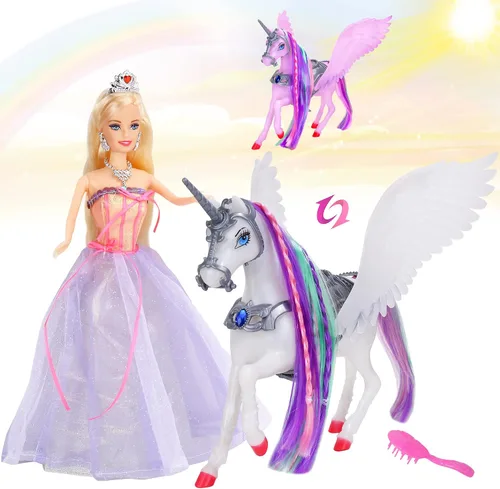 Muñeca princesa BETTINA con juguetes de unicornio que cambian de color, unicornio cambia de color bajo la luz del sol, muñeca de 11.5 pulgadas con