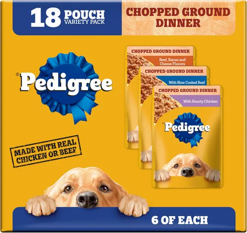 Pedigree Cena húmeda molida y picada para perros adultos, variedad de queso, (18) bolsas de 3.5 oz