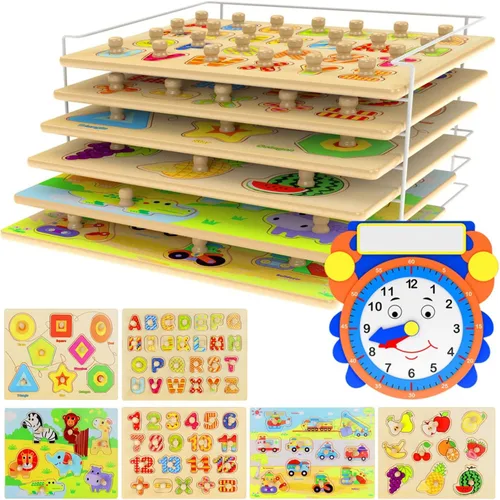 Rompecabezas premium para niños pequeños y juego de estantes - (paquete de 7) Incluye 1 reloj de aprendizaje - 6 rompecabezas de alfabeto, números,