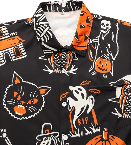 Miniatura 3 de Hardaddy Camisa de Halloween para hombre, manga corta, con botones, divertida impresión, casual