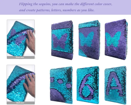 Miniatura 2 de GINMLYDA Diario de lentejuelas para niñas de 8.5 x 5.5 pulgadas, 160 páginas rayadas para niñas, cuaderno reversible de mariposa con secuencia