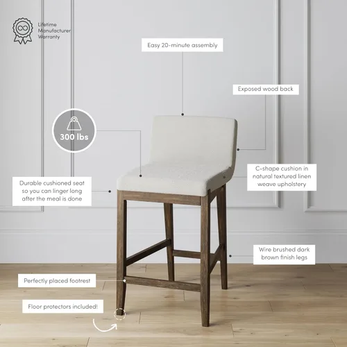 Miniatura 4 de Nathan James - Gracie - Moderno taburete alto con respaldo, silla alta tapizada con lino texturizado natural y patas de madera cepillada - Marrón