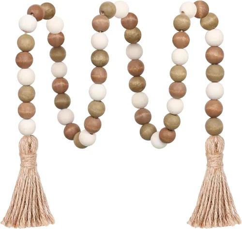 Miniatura 7 de Guirnalda de cuentas de madera de Navidad, cuentas de granja de 39 pulgadas con borlas, bandeja escalonada, decoración para colgar en la pared