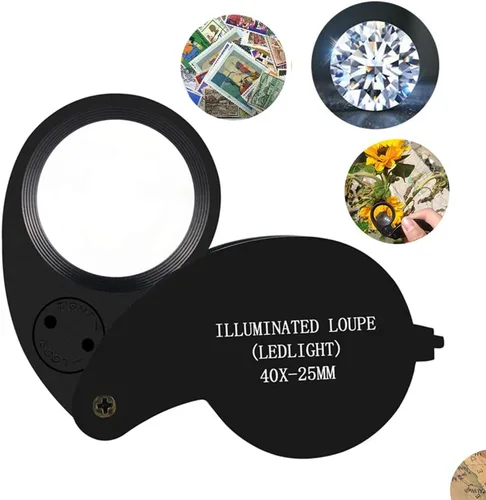 Miniatura 5 de Lupa de lupa de lente LED y UV iluminada 40X con construcción de metal y vidrio óptico con un estuche de transporte de viaje duradero y resistente
