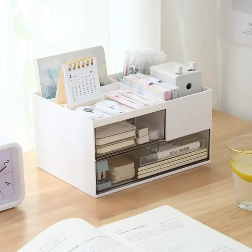 Miniatura 5 de MILULUGO Organizador de maquillaje con 2 cajones, organizador de escritorio, 4 compartimentos, caja de almacenamiento de cosméticos para esmalte