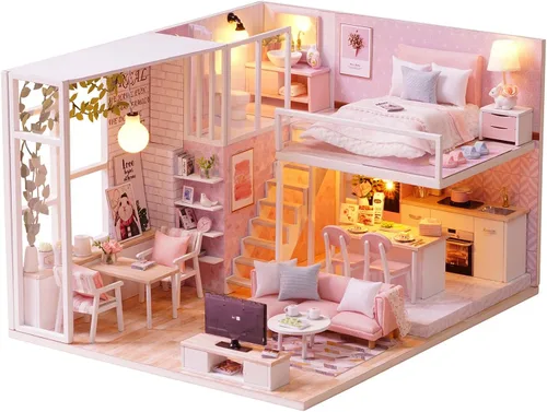 Miniatura 12 de TuKIIE Kit de casa de muñecas en miniatura con muebles, a escala 1:24, casa de muñecas de madera con accesorios, a prueba de polvo, con música