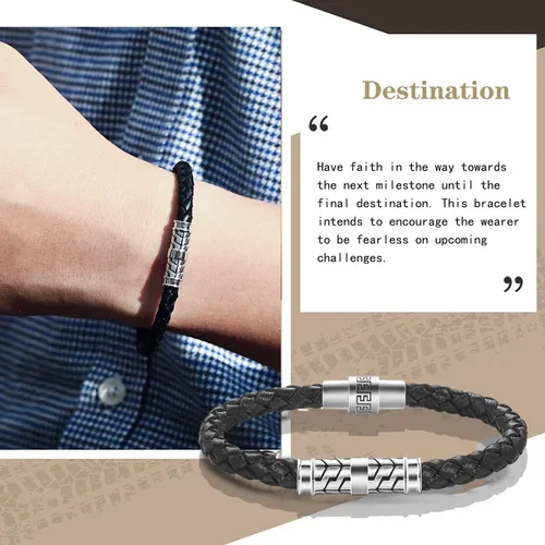Miniatura 4 de Carleen Destination - Pulsera de cuero genuino de plata de ley 925 para hombre, cuerda trenzada con dije de energía, cierre de botón de bloqueo, 7.5