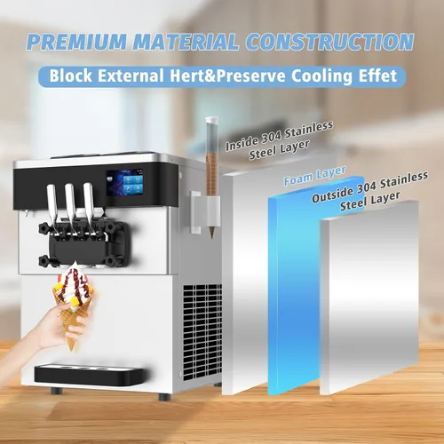 Miniatura 3 de Máquina comercial para hacer helados, 110 V, 2200 W, 3 sabores para encimera, suave, 5,3 a 7,4 galones/H, preenfriamiento, pantalla táctil LCD