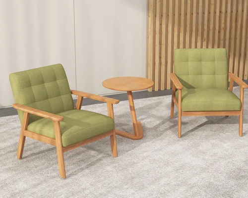 Miniatura 11 de Silla decorativa moderna con reposabrazos, silla de ocio tapizada de tela de lino con botón de respaldo y marco de madera para sala de estar, Beige