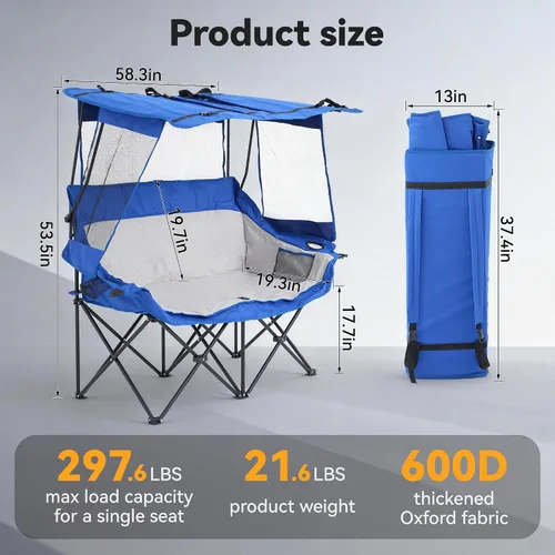 Miniatura 3 de Sillas de campamento dobles con toldo plegable, silla de playa resistente, de gran tamaño, silla de dos plazas acolchada para exteriores, para 2