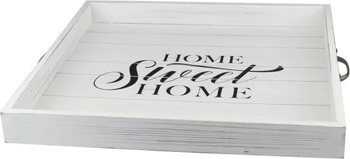 Miniatura 2 de Stonebriar Bandeja de madera decorativa casera dulce blanca desgastada cuadrada con manijas de metal