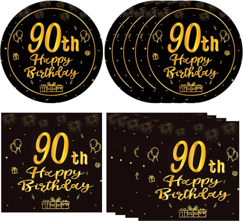 Miniatura 14 de Juego de 40 platos y servilletas desechables para fiesta de cumpleaños de 30 años para ella, vintage, negro y dorado, 1996, 30 años, juego