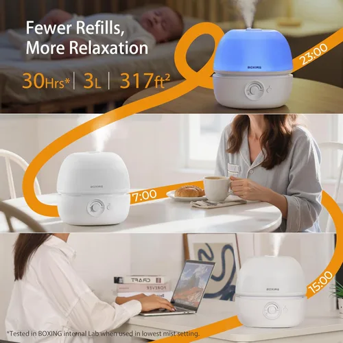 Miniatura 2 de BOXING Humidificadores de llenado superior de 3L para recámara de bebé, humidificador de aire silencioso de 20dB para habitación grande y plantas