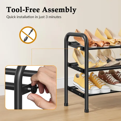 Miniatura 6 de Gewudraw Organizador de zapatos de 3 niveles, zapatero para armario, estante de metal de 28 pulgadas que se puede ampliar a 42 pulgadas