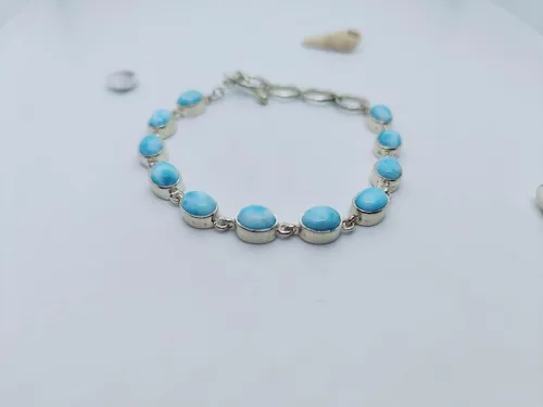 Miniatura 4 de Pulsera de cadena de eslabones de larimar natural de forma ovalada para mujer, piedra azul 925, hecha a mano, ajustable, pulsera para ella, Piedra
