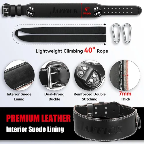 Miniatura 3 de Jaffick Cinturón de cuero para levantamiento de pesas y cinturón de inmersión 2 en 1 con cuerda para levantamiento de pesas, gimnasio, levantamiento