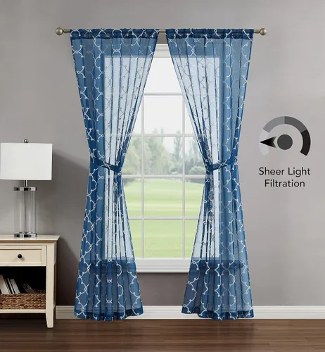 Miniatura 2 de Creative Home Ideas Cortinas transparentes (2 paneles, 38 x 63 pulgadas, azul), paneles de cortina geométricos bordados con alzapaños, cortinas