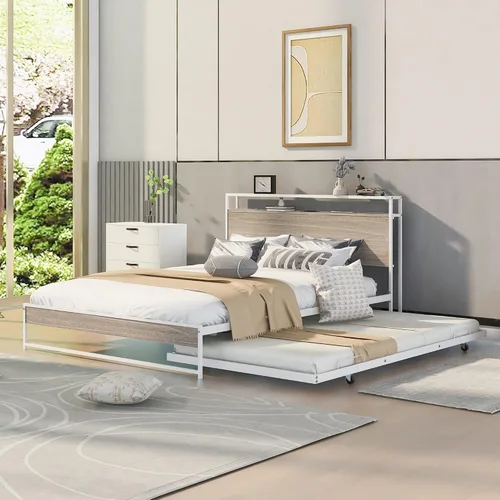 Miniatura 12 de Harper & Bright Designs Cama de plataforma matrimonial con nido y puertos USB, marco de cama matrimonial de metal con cabecera de almacenamiento
