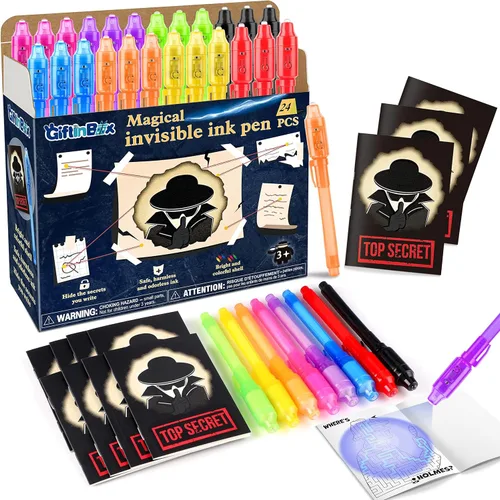 Bolígrafos de tinta invisible GIFTINBOX con luz UV para niños, bolígrafos espía para regalos de fiesta para niños de 8 a 12, paquete de 24