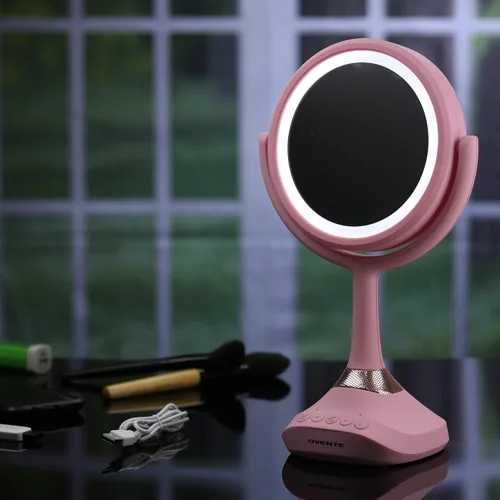 Miniatura 5 de Ovente Espejo de tocador iluminado, parte superior de mesa, giro de 360 grados, círculo de doble cara, LED, 1 x 5X, lupa con audio MP3, altavoz