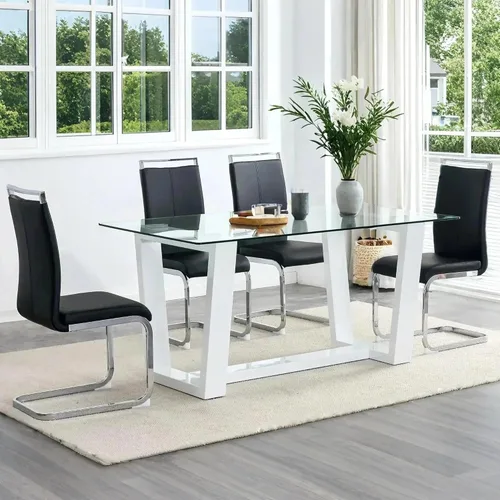 Miniatura 19 de Ebullient - Juego de mesa de comedor de cristal para 4, juego de mesa de comedor moderno para 4, tablero de vidrio templado con patas trapezoidales