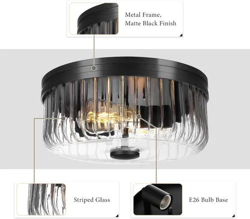 Miniatura 3 de Lámpara de techo moderna de montaje empotrado, lámpara de techo con pantalla de vidrio transparente a rayas, lámpara de techo redonda rústica
