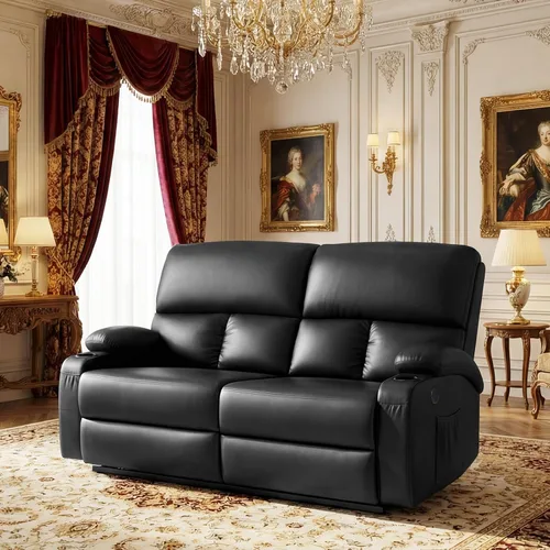 CHABATREE Sofá reclinable con masaje y calor, asiento de cine en casa, sofá biplaza reclinable manual para caravana con soportes USB/tazas y