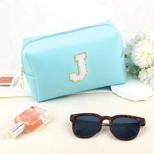 Miniatura 7 de URSKYTOUS Regalos para niñas, bolsa de maquillaje con inicial, bolsa de cosméticos personalizada con cremallera, bonita bolsa de aseo de viaje, Azul