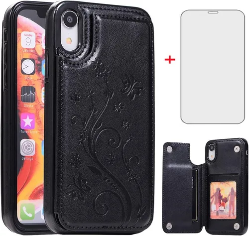 Miniatura 8 de Asuwish Funda para iPhone XR con protector de pantalla de vidrio templado, funda de cuero con soporte para tarjetas, doble cierre magnético y funda
