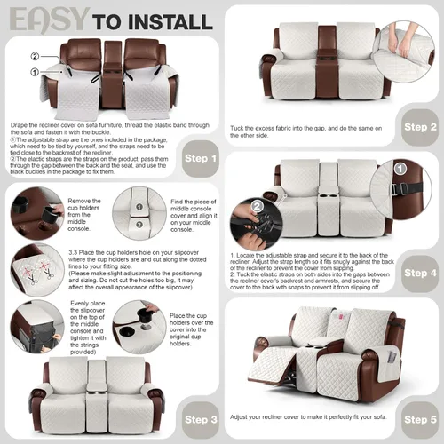 Miniatura 6 de KinCam Funda 100% Impermeable para Loveseat Reclinable con Consola, Fundas Antideslizantes para Sofá Reclinable de 2 Asientos, Funda para Sofá