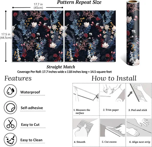 Miniatura 8 de VEELIKE Papel tapiz botánico oscuro para despegar y pegar, papel tapiz floral negro para dormitorio, baño, sala de estar, 17.7 x 118 pulgadas, papel