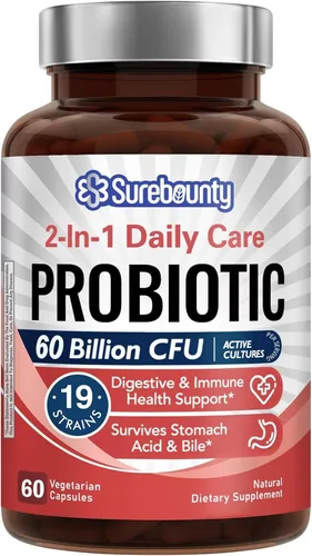 Probióticos 60 mil millones de UFC, 19 cepas para hombres y mujeres, con 100 mg de prebiótico, estable en el almacenamiento, probiótico de cuidado
