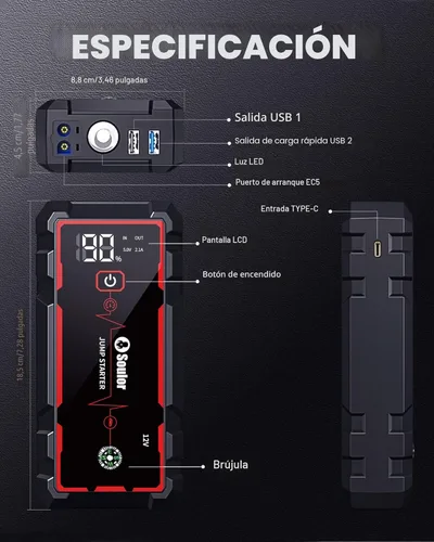 Miniatura 9 de Arrancador de batería de coche de 5000A, arrancador portátil con cable de puente, banco de energía de carga rápida, linterna de 3 modos, brújula
