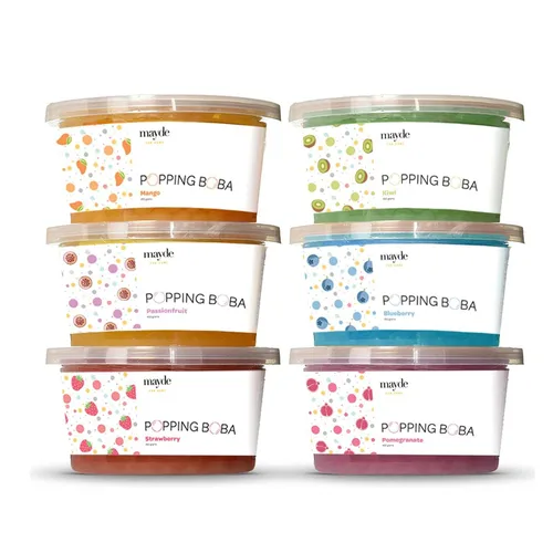 Mayde Bursting Popping Boba Pearls, fresa, mango, fruta de la pasión, kiwi, arándanos, granada, kit de fiesta de 6 sabores (17.28 oz, paquete de 6)