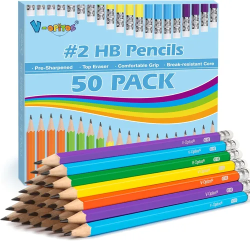 V-Opitos Lápices de madera preafilados #2, paquete de 50 con borradores superiores, lápices 2HB a granel en varios colores para escuela, escritura,