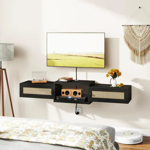Miniatura 9 de IBUYKE Soporte flotante moderno de ratán para TV con puertas, estante de TV montado en la pared para televisores de hasta 55 pulgadas, consola