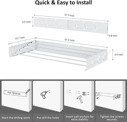 Miniatura 2 de Estante de secado de ropa, plegable, para montar en la pared, plegable, ahorro de espacio, 13.2 pies lineales, 5 varillas de aluminio, capacidad